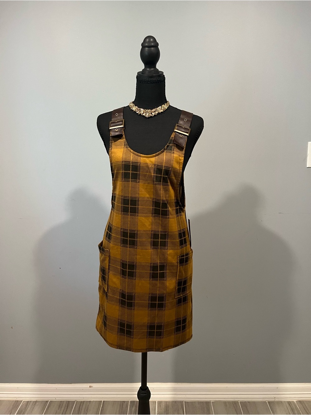 No Boundaries Mustard Plaid Mini Pinafore Dress with Brown Strap Accents
